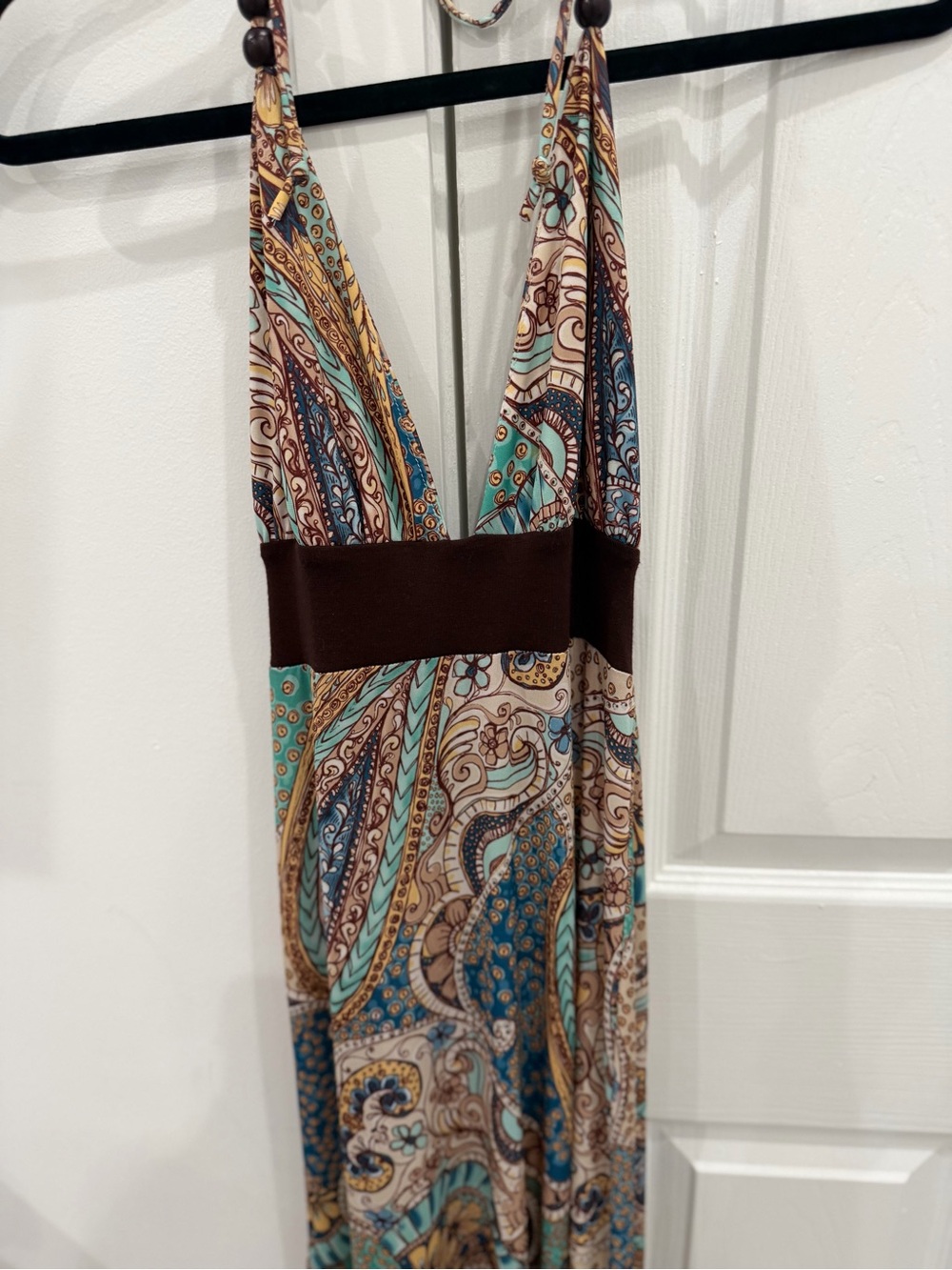 Elan Teal, Brown and Cream Paisley Halter Maxi Dress